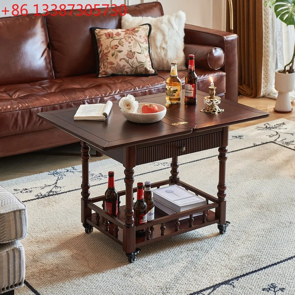 

French solid wood coffee table home living room cart vintage style movable folding coffee table