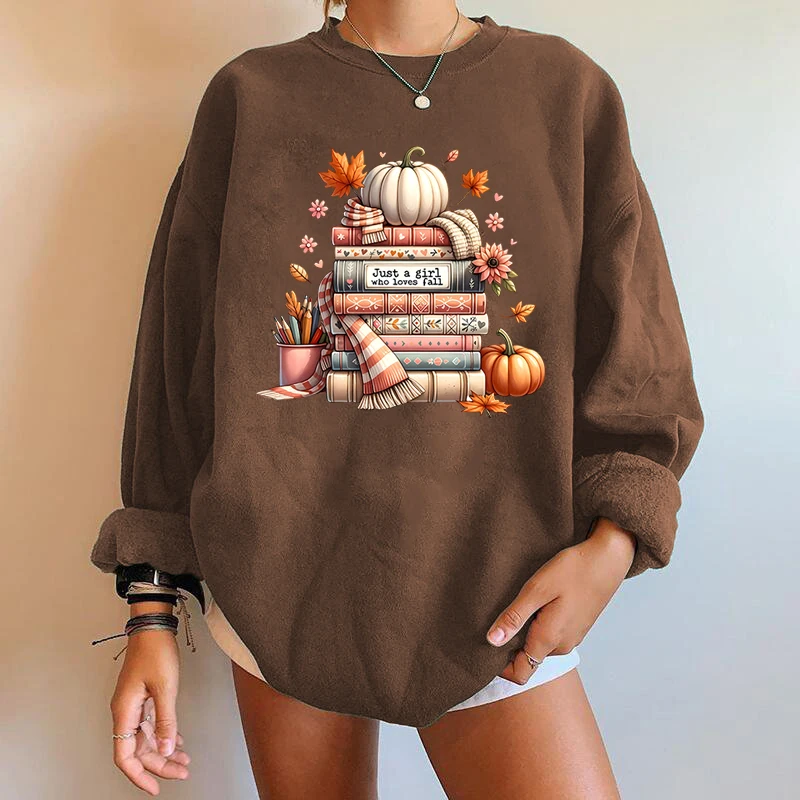 Halloween pumpkin book pattern y2k trendy printed sweatshirt round neck casual sweatshirt autumn spring women\'s clothing