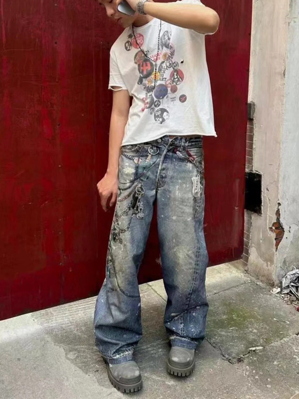 

Джинсы унисекс свободного кроя с цифровым принтом, удлиненные (7 дюймов), весна-лето, из хлопкового стрейч-денима, базовый стиль, со средней посадкой