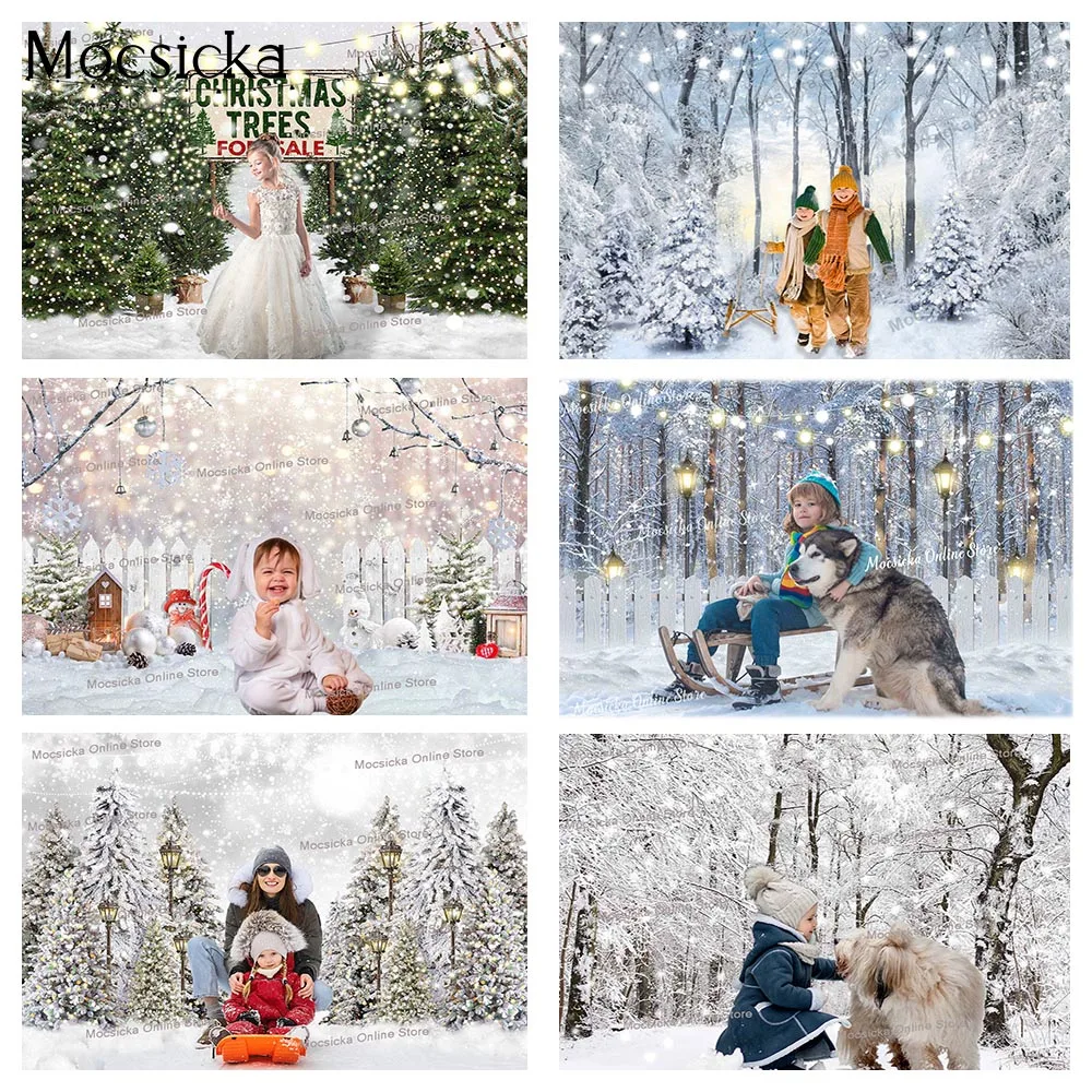 Christmas Frozen Forest Portrait Photo Backdrop Snowy Trees Birthday Background Winter Landscape Festival Party Photography Prop