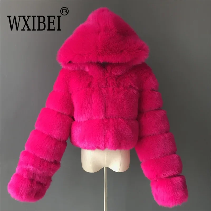 Autumn Furry Cropped Faux Fur Coats Jackets Women Fluffy Top Coat Hooded Straight Short Winter Fur Jacket Fashion Streetwear New