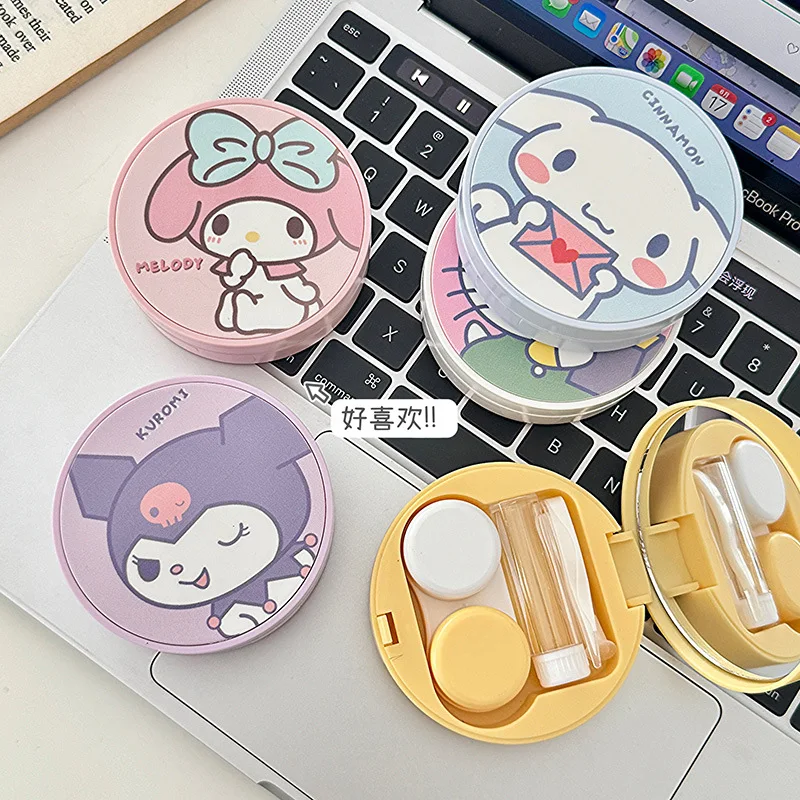 

Hello Kitty Kuromi Contact Lens Case Cute Cartoon Round Mirrored Lens Case Care Case Storage Box for Students