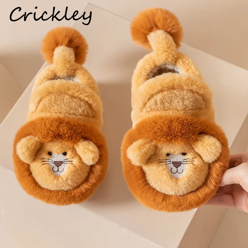 Cartoon Leeuw Kinderen Winter Schoenen Leuke 3D Dieren Vloer Slippers Voor Kinderen Flats Warme Pluche Ontwerp Kind Meisjes Jongens slippers