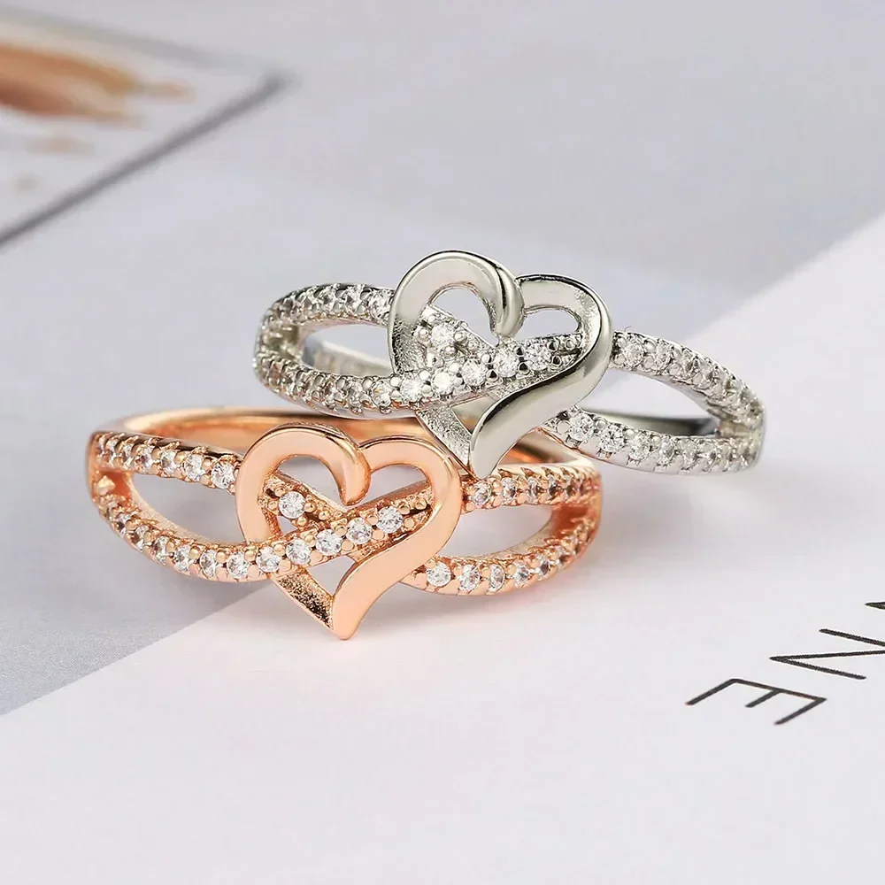 Trend Women Heart Rings with Shiny Cubic Zirconia Wedding Fashion Charming Accessories Engagement Party Jewelry Gift