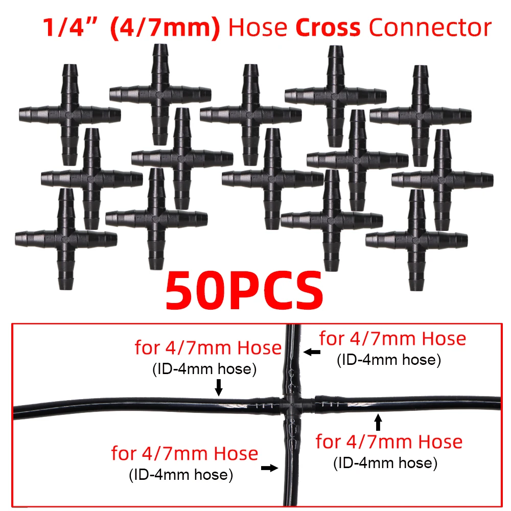 50 sztuk wąż ogrodowy złącza 4/7mm armatura nawadniania kropelkowego 1/4 \'\'akcesoria rurowe wspólne kolczasty Tee krzyż Eng wtyczka