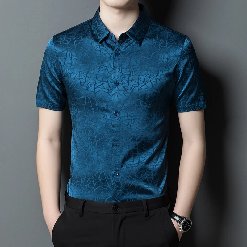 

Creative Jacquard Men Clothes Short Sleeve Shirt Real Silk Luxury Summer Quality Soft Comfortable Gentleman Casual Chemise Homme