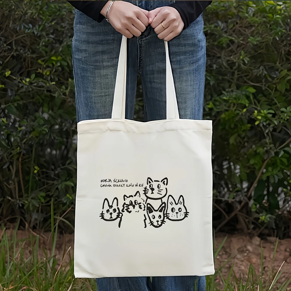 Fun Cat Group Minimalist Illustration Canvas Tote Bag, Unique Design Large Capacity Single Shoulder Shopping Bag Suitable