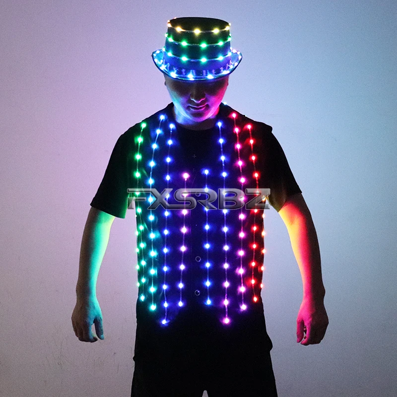 Full Color LED Vest And Hat Fashion Senior Host Glowing Costume Suit DJ Singer Dancer Performer Stage Luminous Jacket