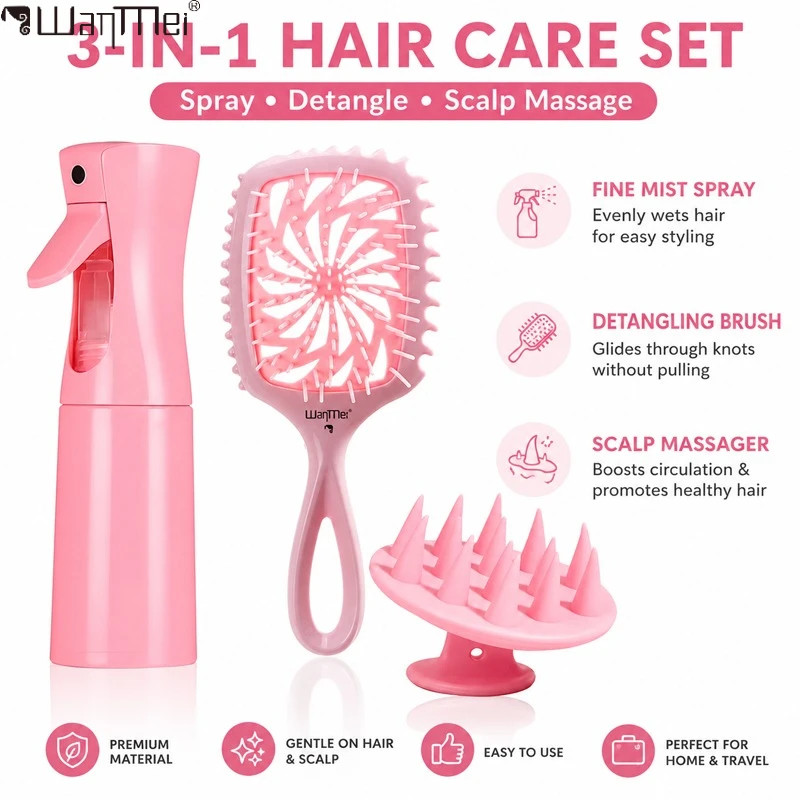 3-in-1 Hair Styling Kit Continuous Spray Bottle Scalp Massager Detangling Brush & Scalp Massage Brush for All Hair Types