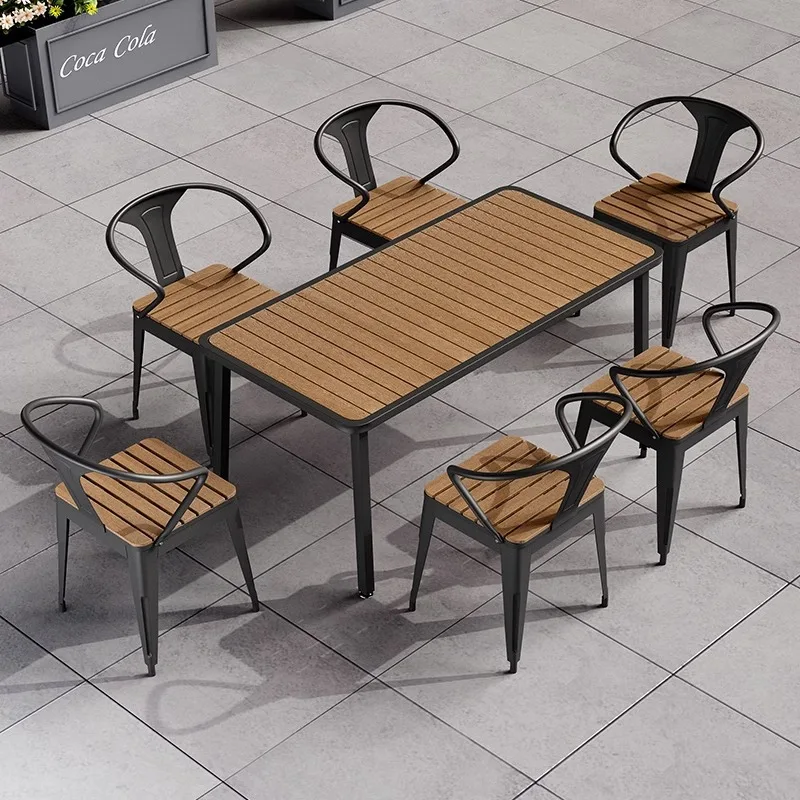 

Luxury Modern Table Patio Dining Set Outdoor Furniture With Umbrella Hole And 4 Stackable Outdoor Metal Chairs
