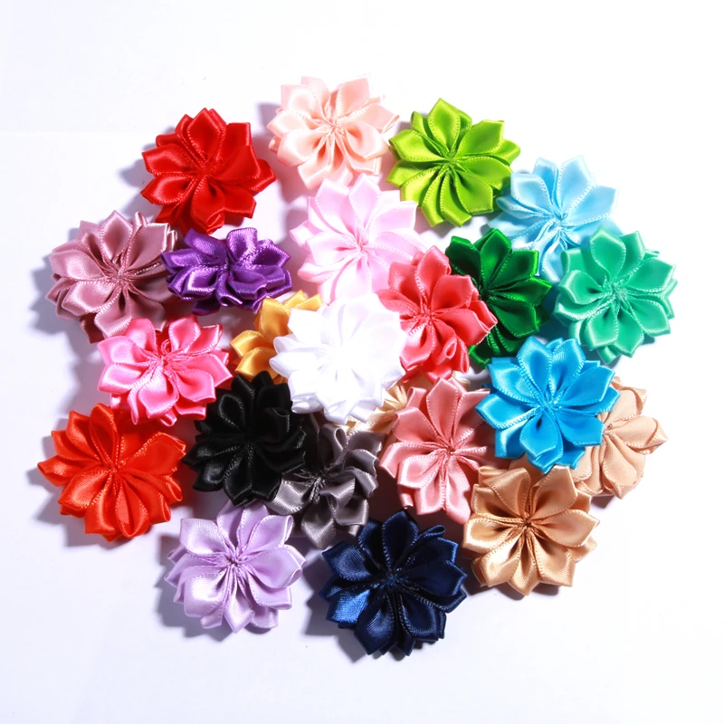 50PCS 4CM Mini Satin Ribbon Solid Flower For Hair Accessories Multilayer Star Shaped Silk Fabric Flowers For Girl Headband