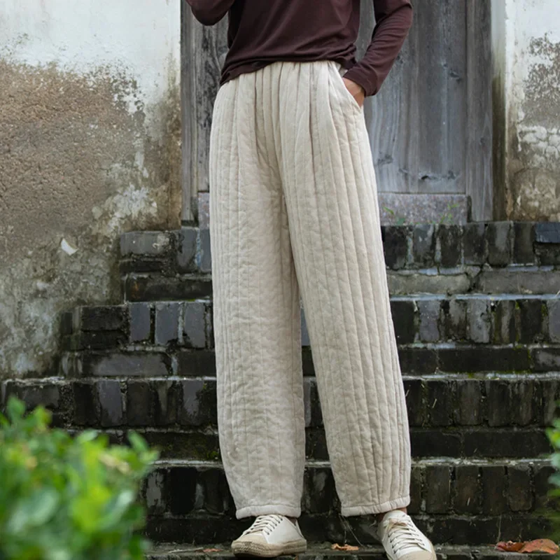 2025 acolchoado calças casuais femininas novo inverno cor sólida solta para baixo algodão calça feminina grosso quente longo calças retas