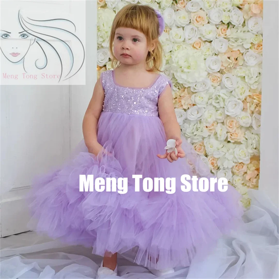 Customization Flower Girl Dresses Purple Tulle Puffy Sequin With Bow Sleeveless For Wedding Birthday Party Banquet Princess Gown