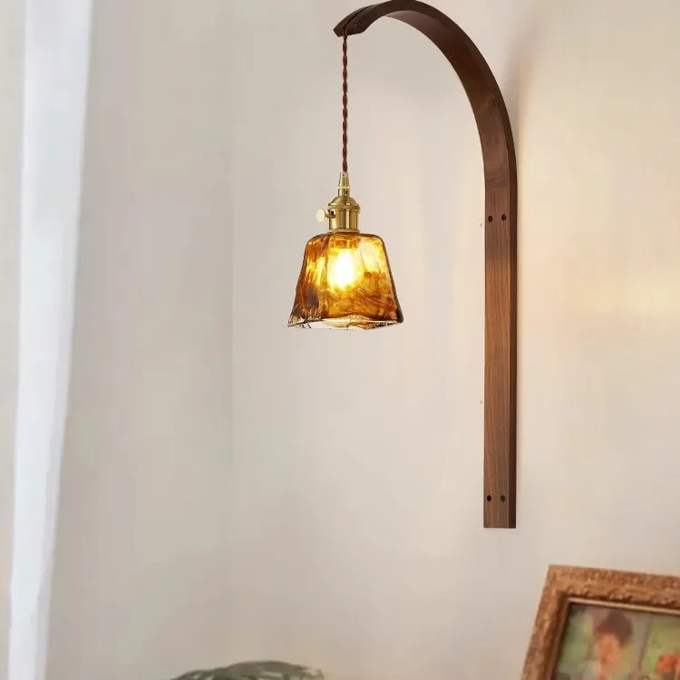 مصباح جداري بجانب السرير لغرفة النوم، جدار خلفية غرفة المعيشة، مقهى B & B، مصباح حائط من الخشب الصلب، نموذج خطاف السمك