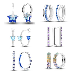 Blue Stars Series Hoop Earrings Original 925 Sterling Silver Conspicuous Big Earrigs For Women Wedding Birthday Gift