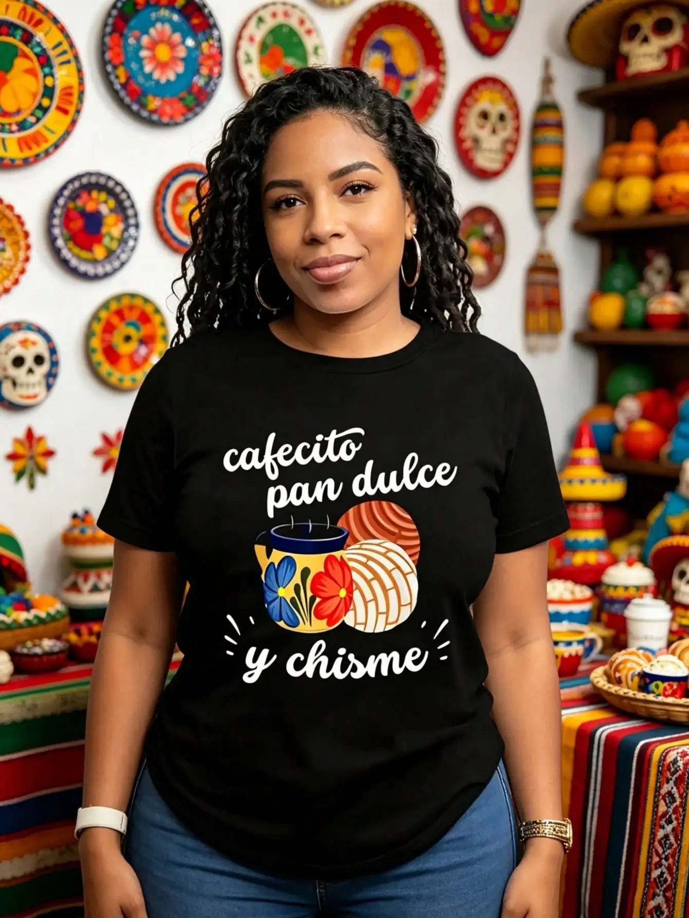 Women'S Mexican Hispanic Pride Cafecito Pan Dulce Y Chisme Graphic T-Shirt Black Short Sleeve Round Neck Casual Top With Vibrant Breakfast Design