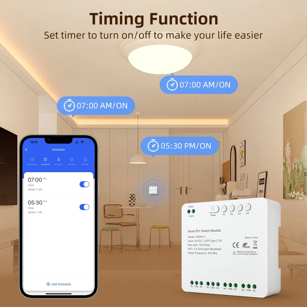 AVATTO Smart 4 canales WiFi contacto seco inalámbrico 7-32V/85-250V módulo de interruptor de relé, Control de aplicación remota, funciona para Alexa Google Home