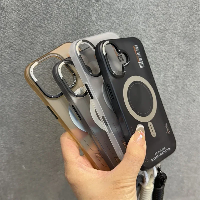 Luxury Matte Magnetic Business Magsafe Case for iPhone 16 13 14 15 Pro Max Fashion Wrist Strap Wireless Charge Shockproof Cover