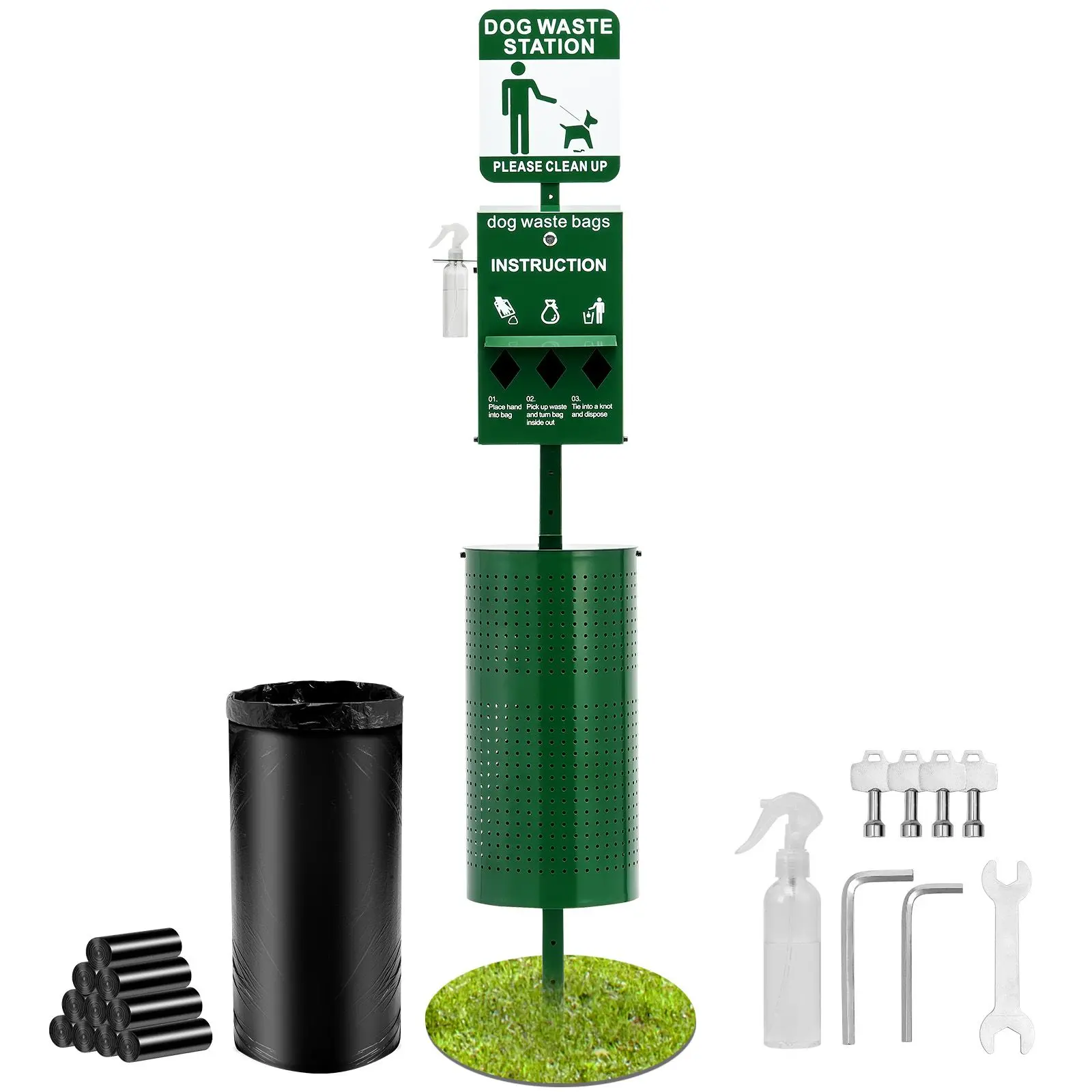 Dog Waste Station with Hand Wash Bottle, Commercial Dog Poop Station, 11.5 Gallons Pet Waste Bin with 50 Can Liners, Bag Dispenser & 600 Waste Bags, Outdoor Dog Waste Disposal System