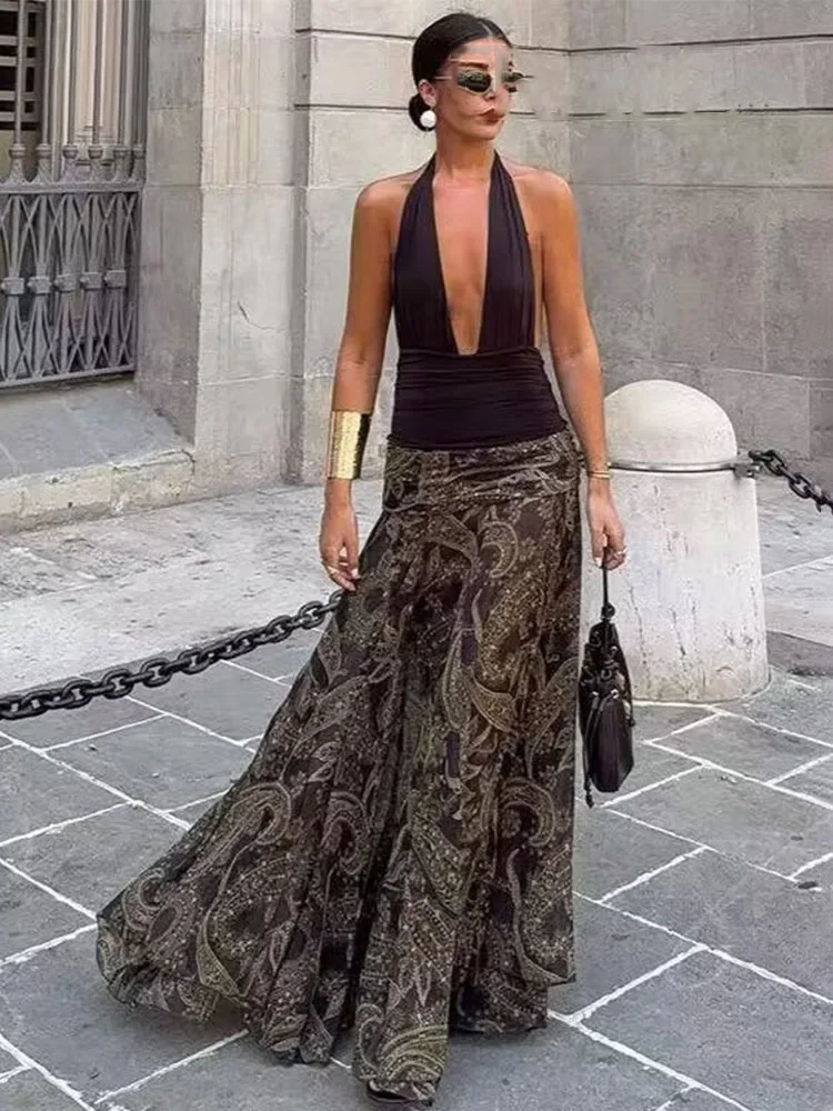 2025 autumn European and American style waist pleated design printed large swing skirt