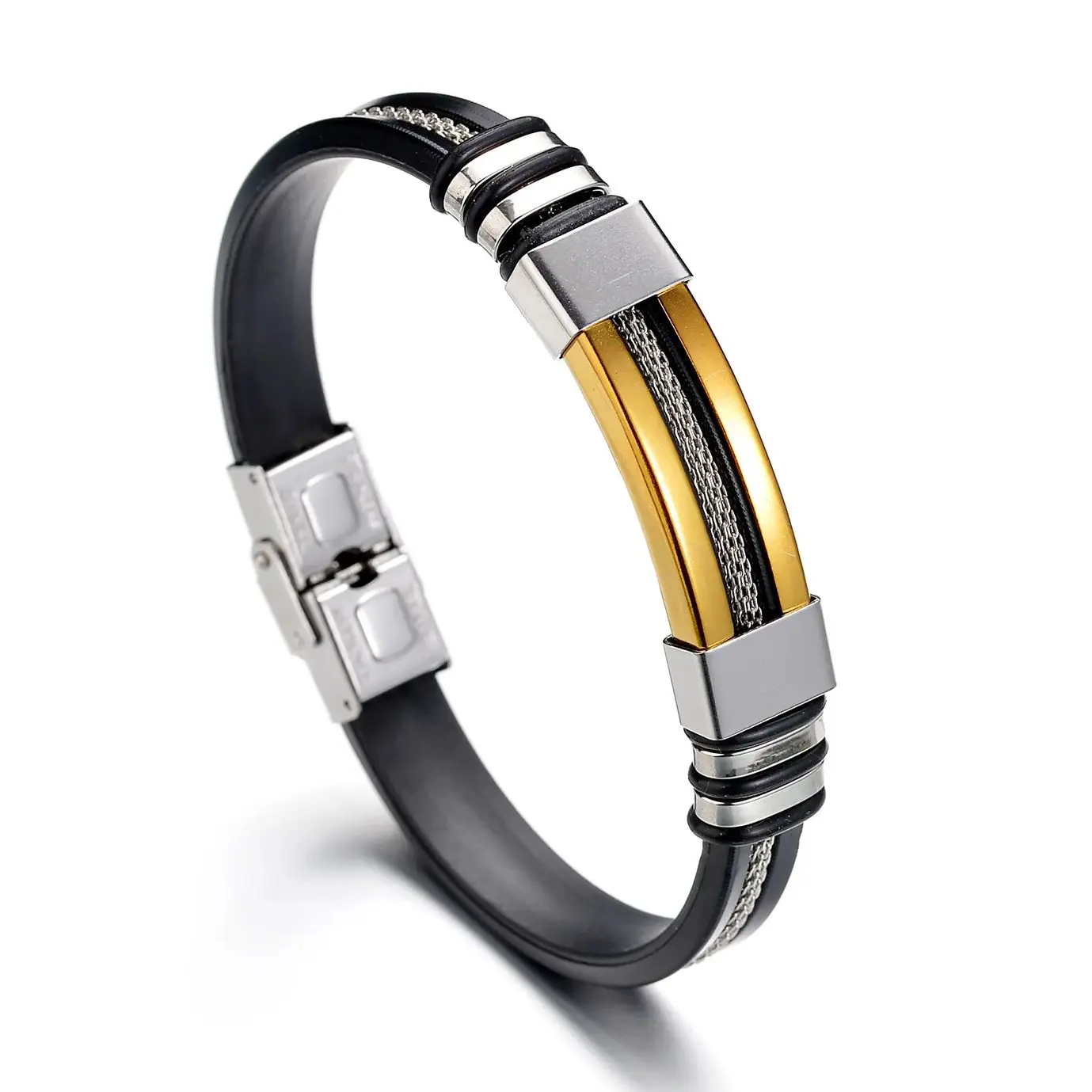 Fashion Stainless Steel Bracelets Men Wrist Band Black Grooved Rudder Silicone Mesh Link Insert Punk Wristband Casual Bangles