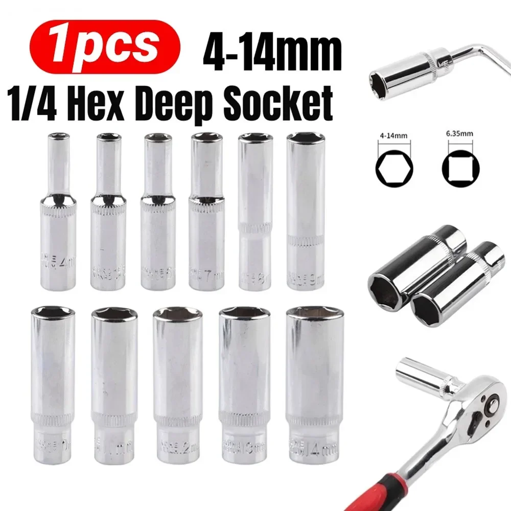 1pc 4-14mm Deep Socket 1/4inch Hex Socket Ratchet Wrench Drive Sockets Adapter Hand Repair Tools Accessories