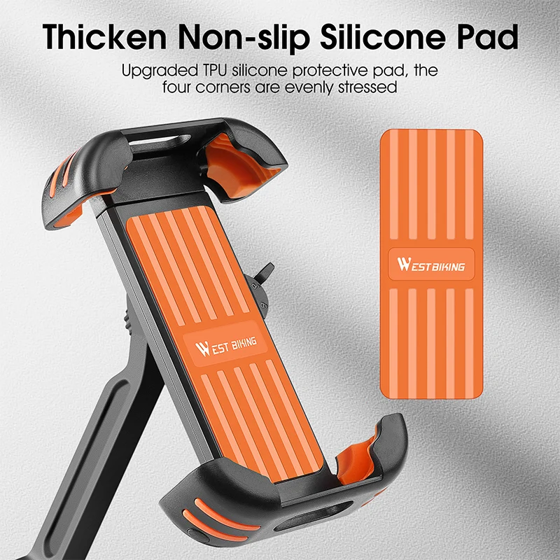 WEST BIKING Bike Phone Holder One Key Quick Release Anti Shock Aluminum Alloy Support Rod Silicone Protection Adjustable Mount