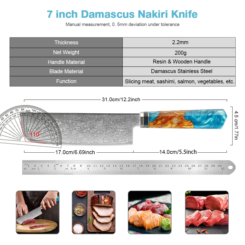 Japanese Nakiri Knife 7Inch Damascus Steel Kitchen Knife Professional Meat&Vegetables Knife Sharp Cleaver Cooking Slicing Knife