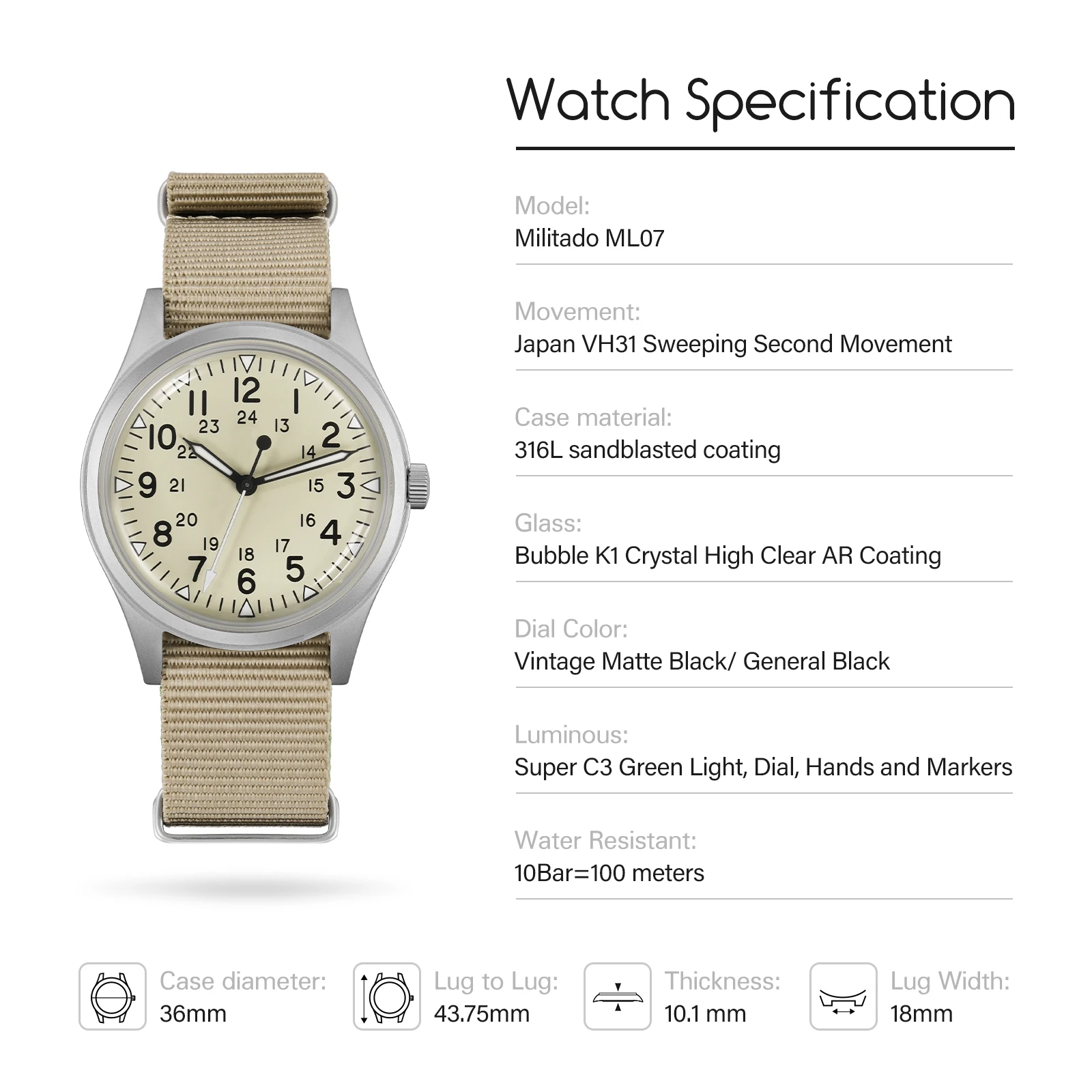 Militado ML07 Vintage Quartz Watch VH31 Movement Wristwatches Bubble Crystal With High Clear AR Coating Luminous 36mm Watches image 6