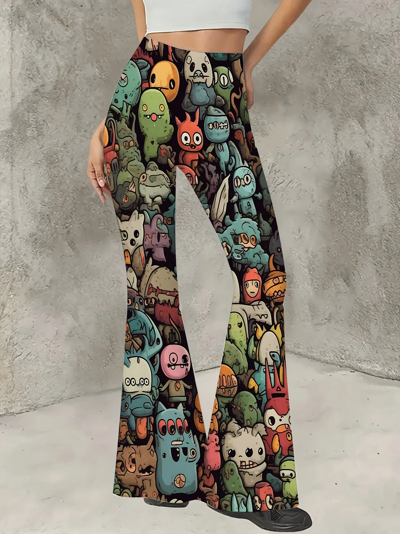 

Y2K Graphic Print Flare Pants Women High Waist Knit Bell Bottom Trousers
