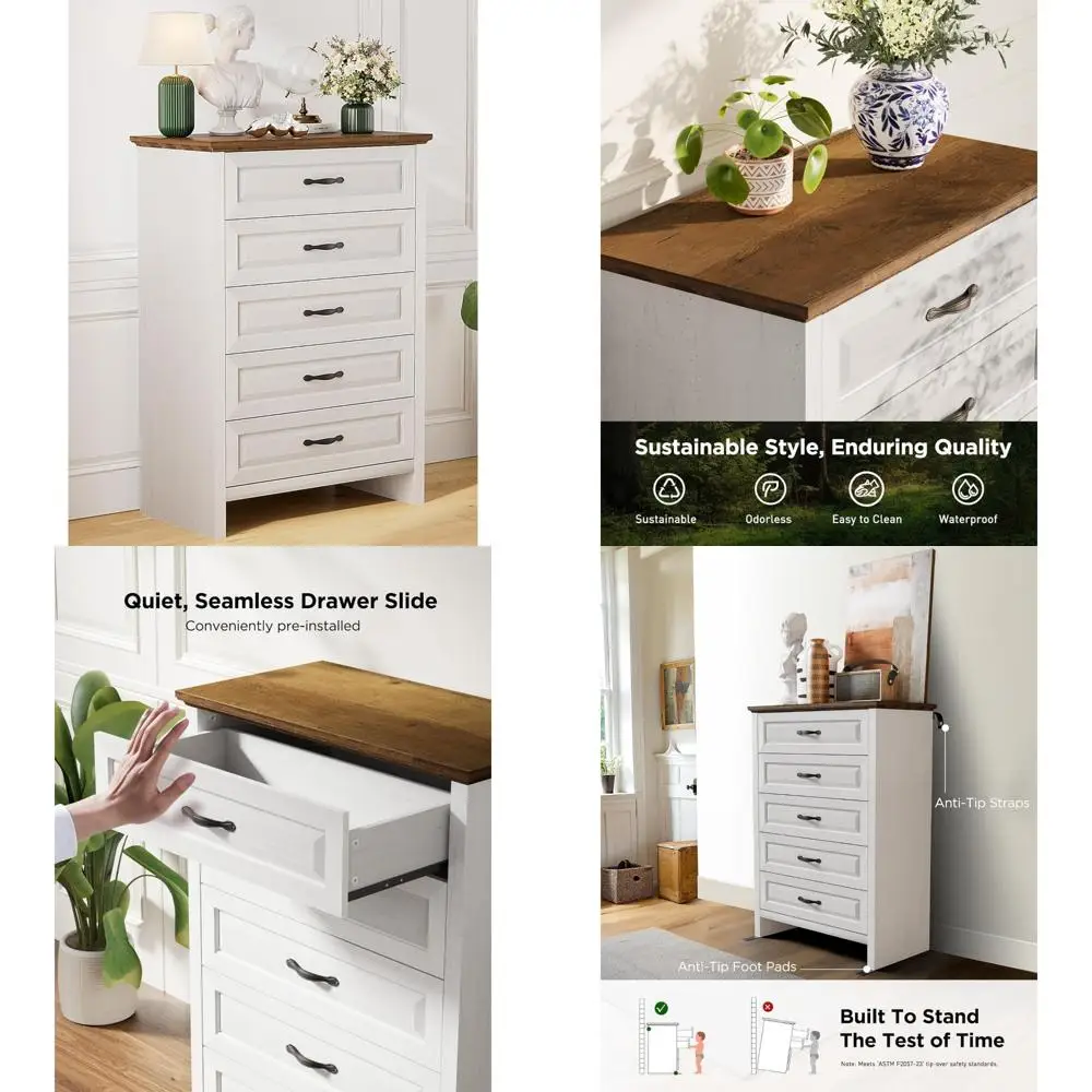 white 5 drawers dresser chests for bedroom, 42.7 inch tall wooden dresser, farmhouse storgae organizer with large drawers & bar