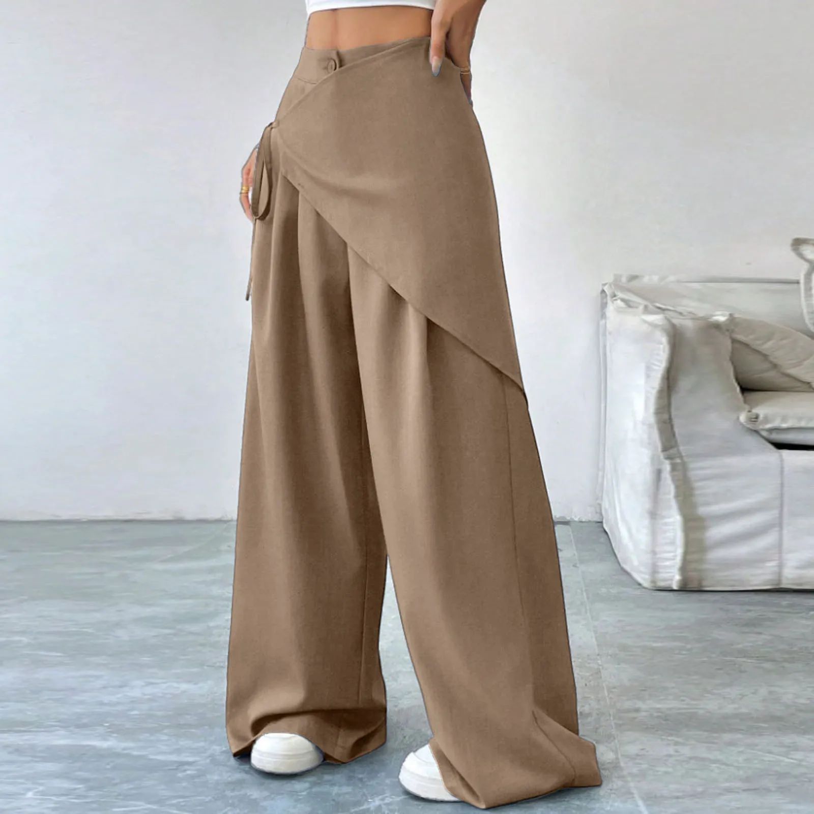 Calças de moda irregular feminina cor sólida cintura elástica solta calças de perna larga, estilo japonês coreano calças de perna reta