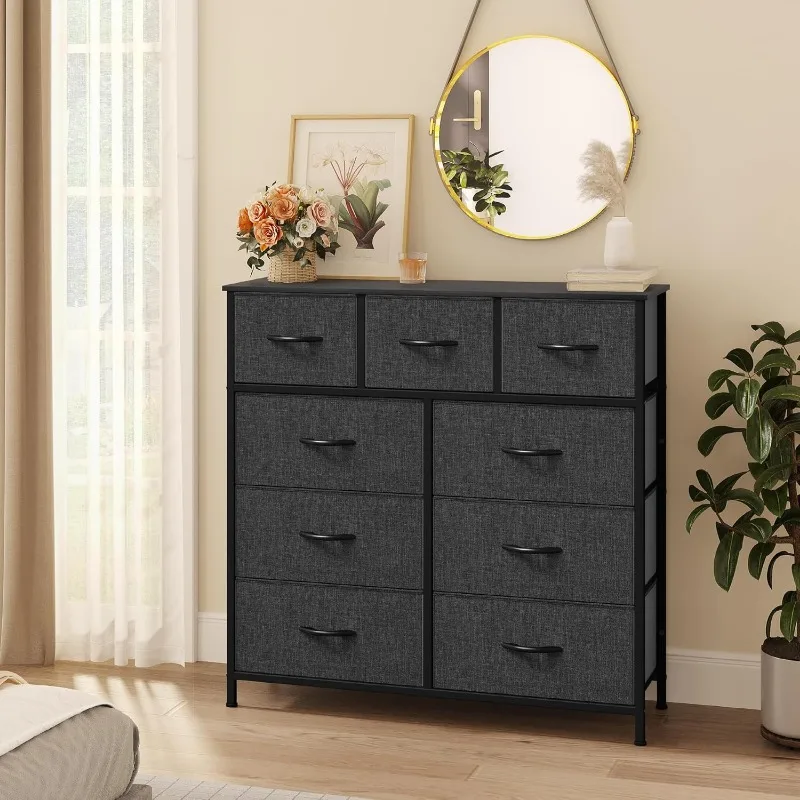 Dresser with 9 Drawers - Fabric Storage Tower, High Wardrobe Organizer Unit in Living Room, Entrance with Solid Steel Frame