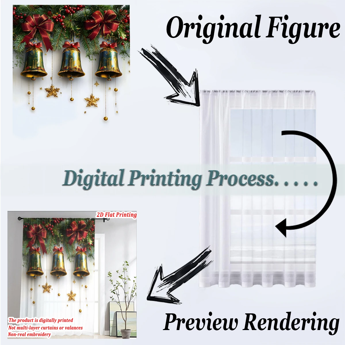 ستارة شفافة مطبوعة مسطحة لعيد الميلاد مع أجراس عيد الميلاد، وأشرطة الفراشة، لحفلات ديكور نوافذ باب غرفة المعيشة وغرفة النوم