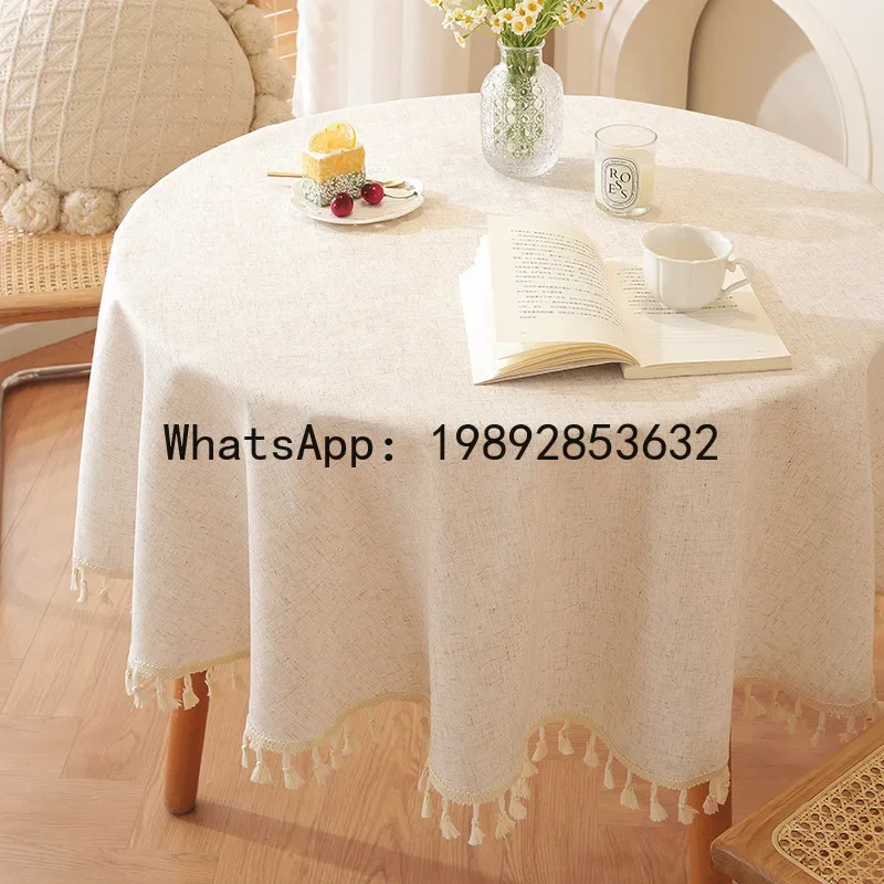 

a-16 minimalist solid color round bamboo joint linen tassel tablecloth cotton linen table cover
