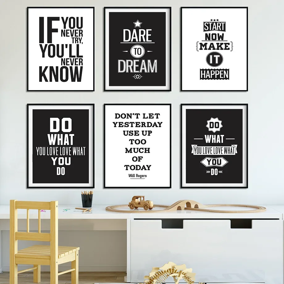 

Motivational Inspiring Quotes Wall Art Mural Canvas Painting - Black White Nordic Poster Print for Living Room Decor
