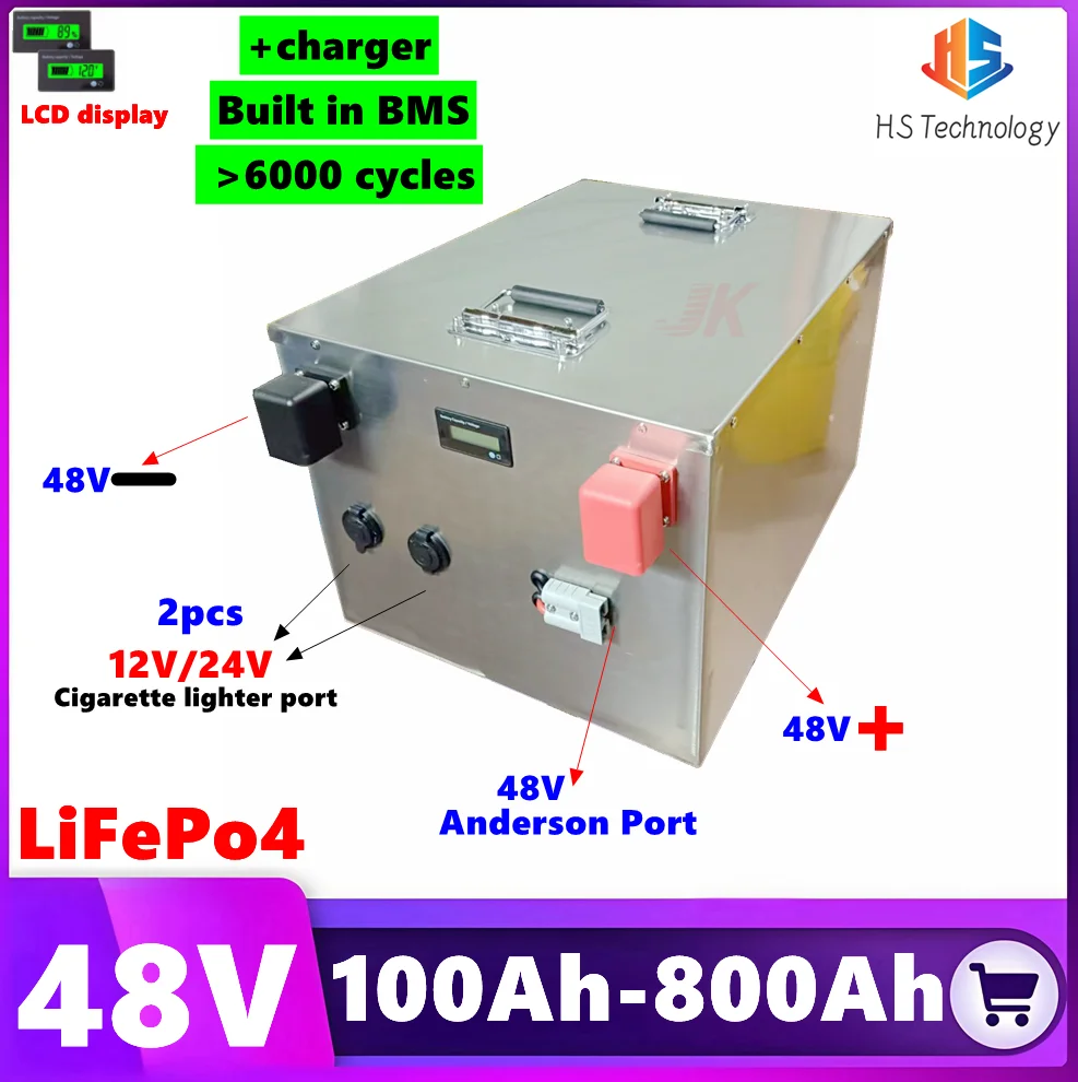 

HS LiFePo4 48V 400Ah 100Ah 200Ah 300Ah 500Ah 600Ah 800Ah Lithium Battery for inverter Solar System Power RV car,Outdoor,Camping