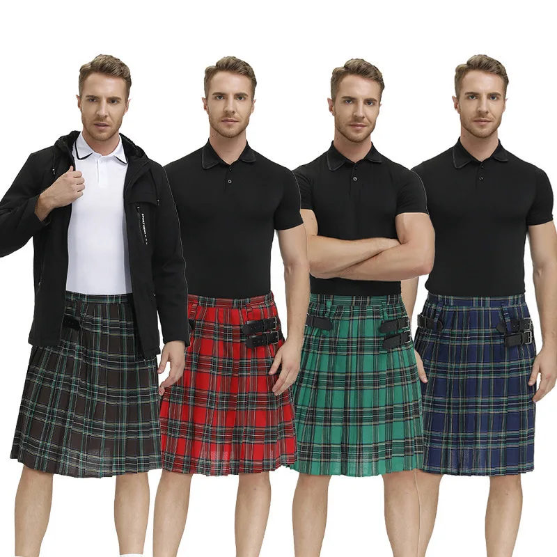 

2024 New Men's Plaid Skirt Scottish Plaid Skirt Men's Plaid Pleated Skirt Stage Performance Costumes