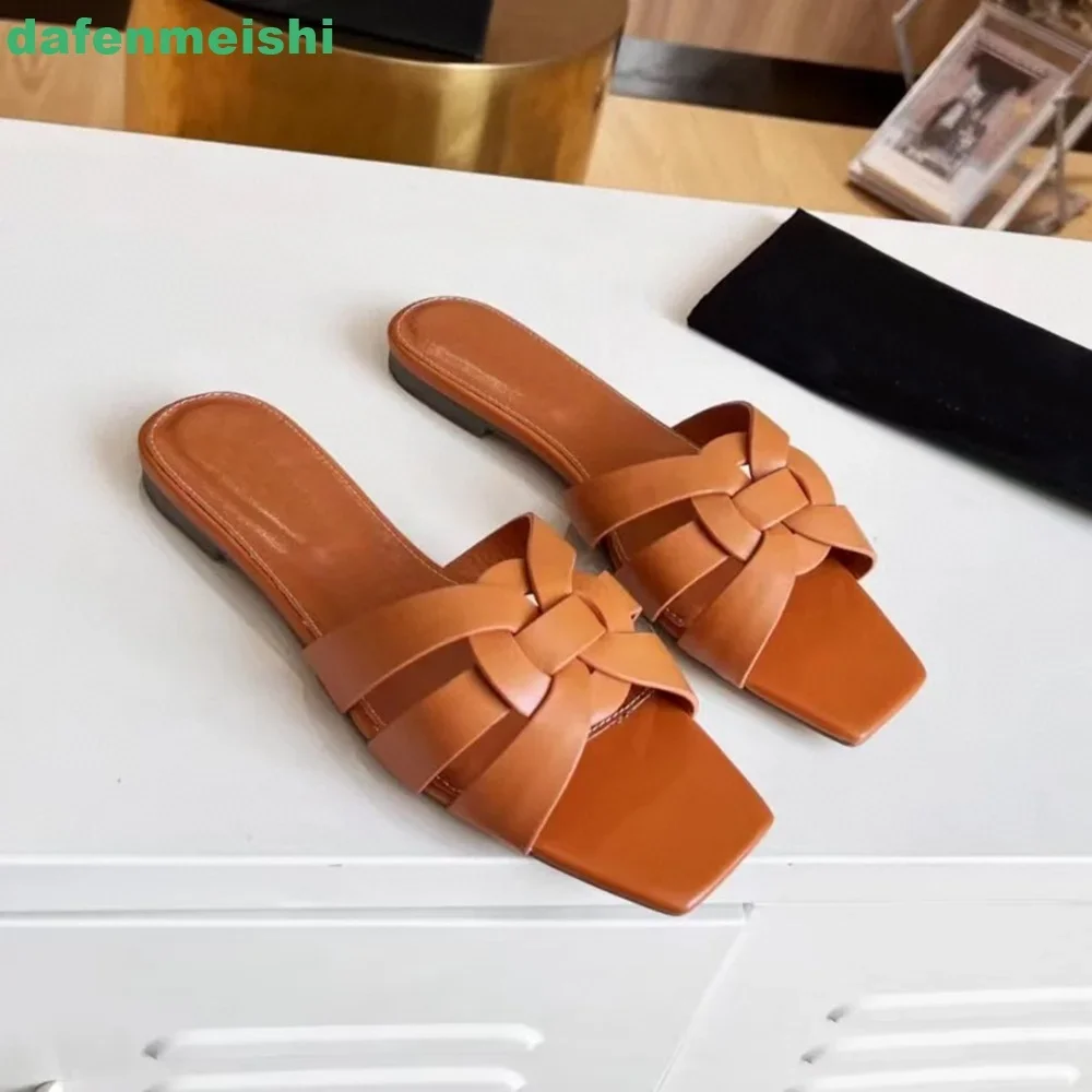 Cross Genuine Leather Women Slippers Square Toe Slip On Open Toe Flat Sandals Patent Leather Fashion 2026 Summer Sandal Slides