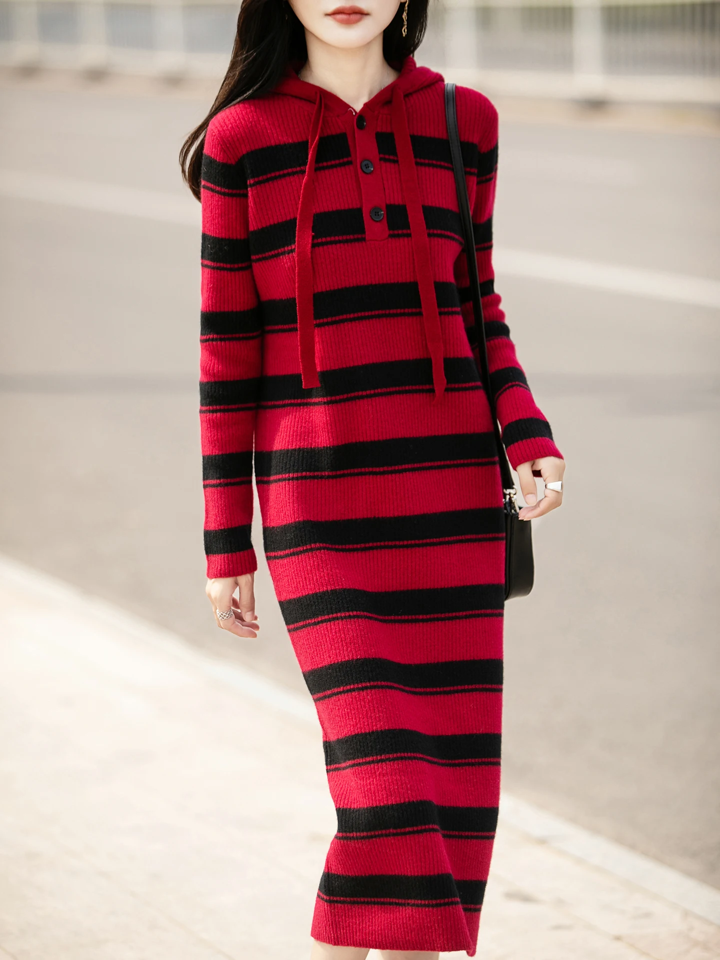 

Модный пуловер из 100% мериносовой шерсти с капюшоном, вязаное длинное платье в полоску, приятный для кожи, повседневная осенне-зимняя одежда