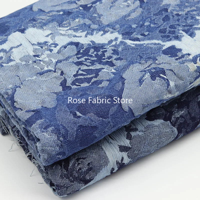 

1 meter After Washed Thick Jeans Fabric With Rose Pattern Eco-friendly Jacquard Denim Tissus DIY Sewing Bags Jackets Pants