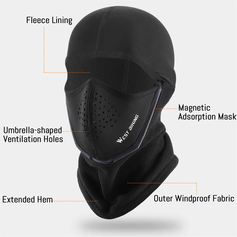 WEST BIKING Magnetic Thermal Mask Winter Windproof Warm Balaclava Cap Outdoor Sports Skiing Hiking Breathable Cycling Headgear