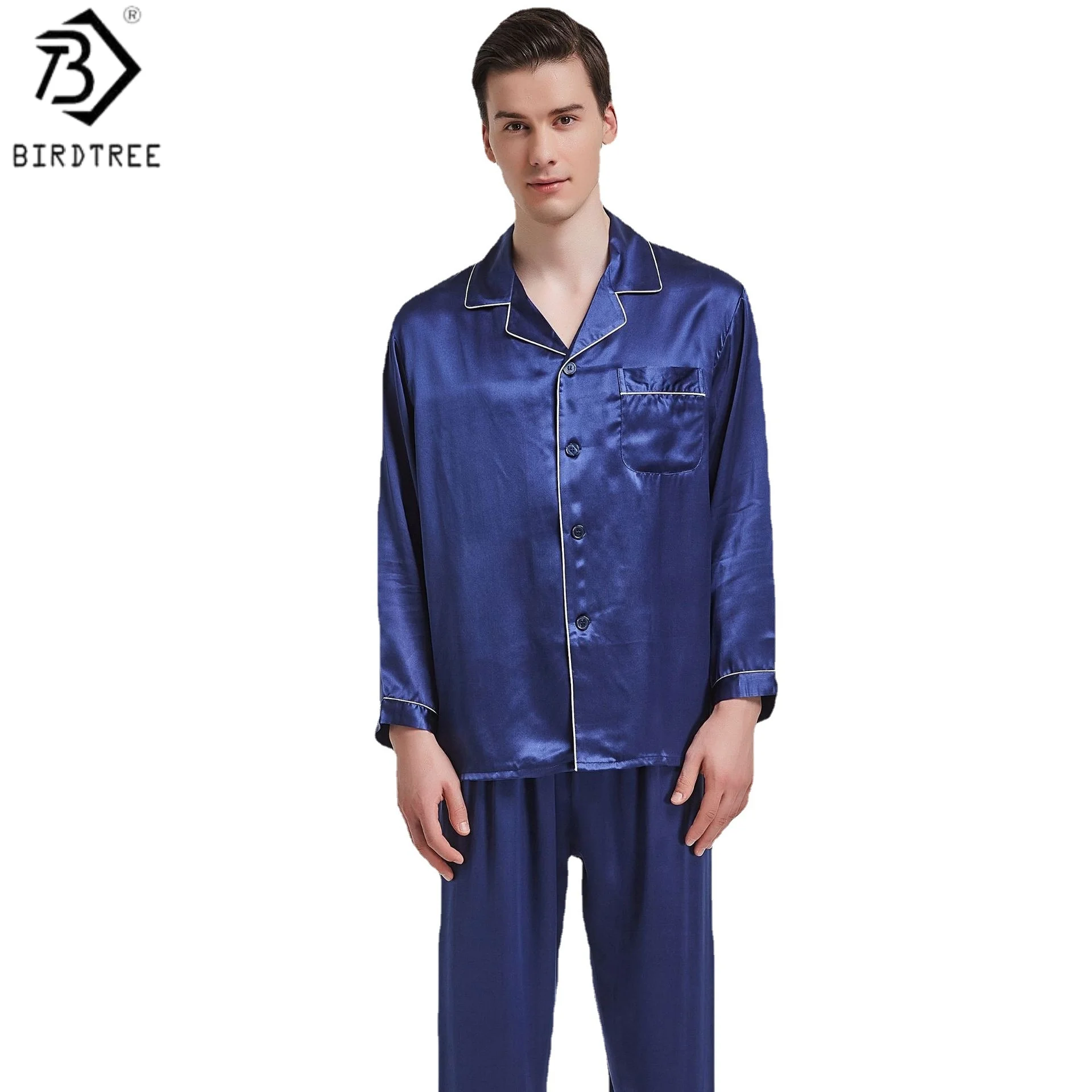BirdTree, 16MM 100% Real Silk Pajamas Set, Full Sleeve, Men's Solid Lapel Homewear Casual Summer Clothes, 2026 New P63121JF