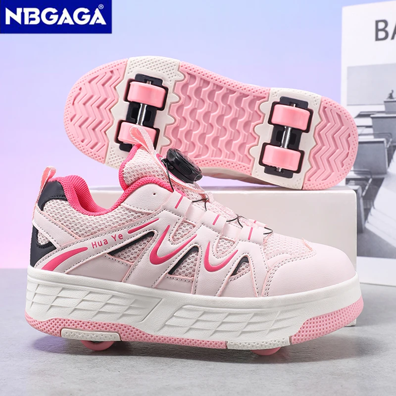 Children 2‑in‑1 Roller Skate Shoes Rotary Buckle Breathable Mesh Sneakers Boys Girls Outdoor Sport Walking Skating Shoes