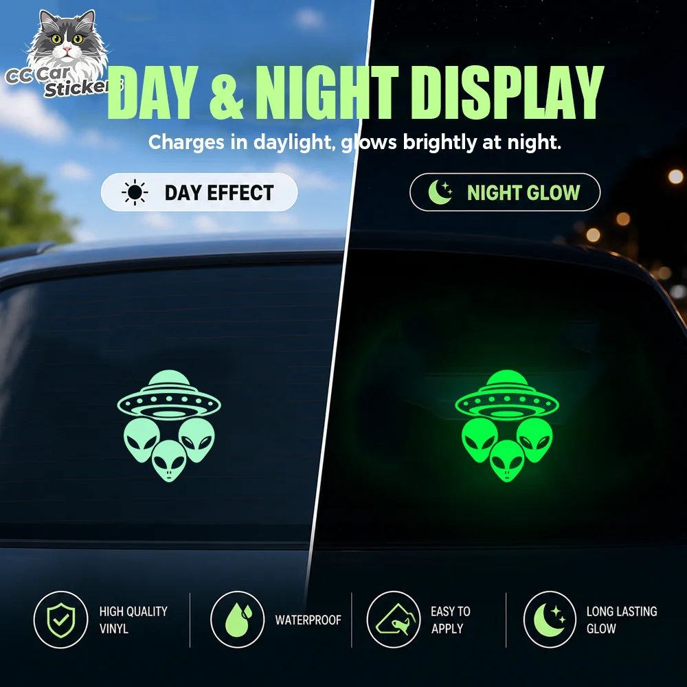Alien Trio Flying Saucer Glow in the Dark Car Sticker Luminous Vinyl Decal Waterproof Rear Window Sci-Fi Auto Decor Accessory