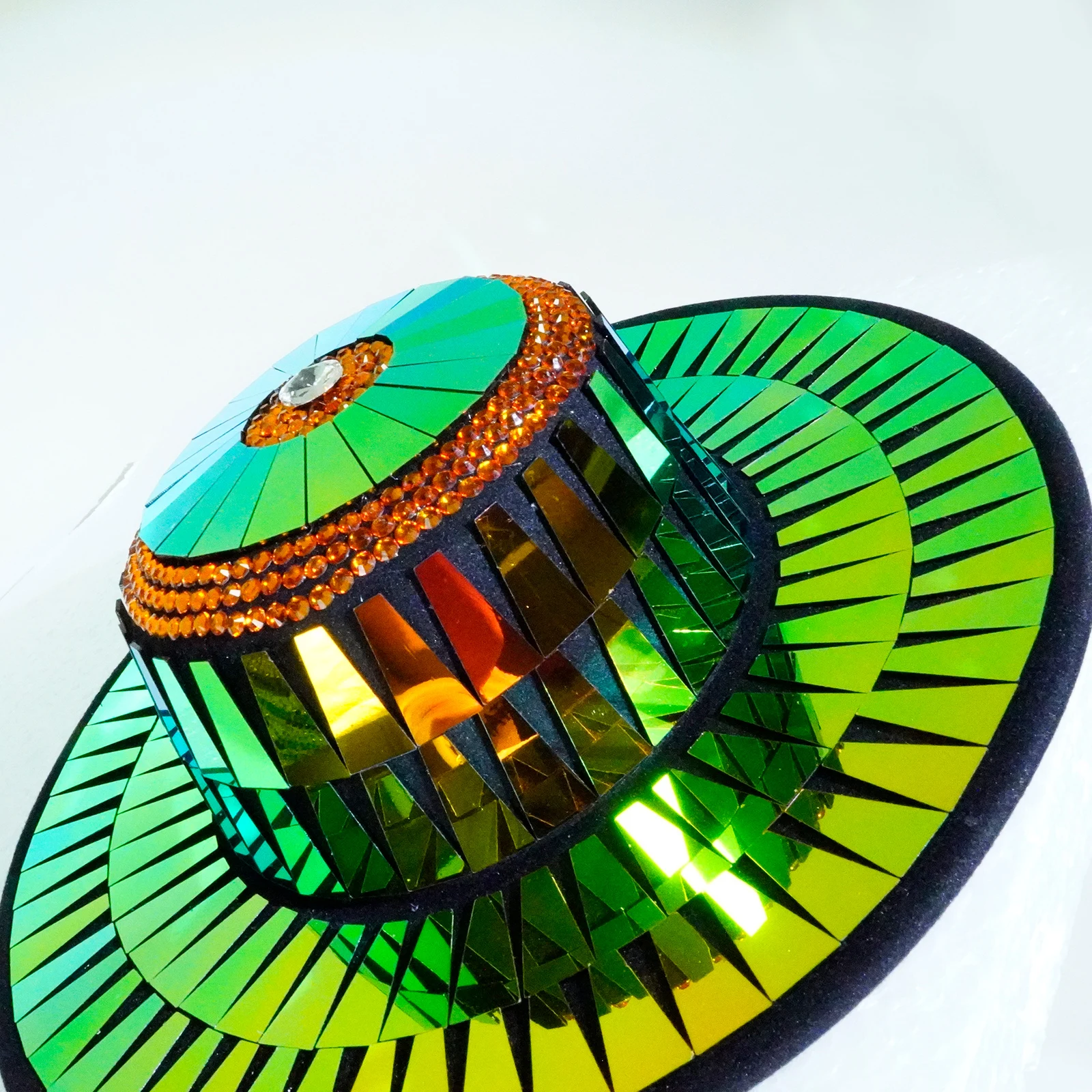 

Glitter Green Orange Rhinestone Jazz Mirror Hat Party Birthday Prom Carnival Costume Dancer Stage Performance Dance Singer Wear