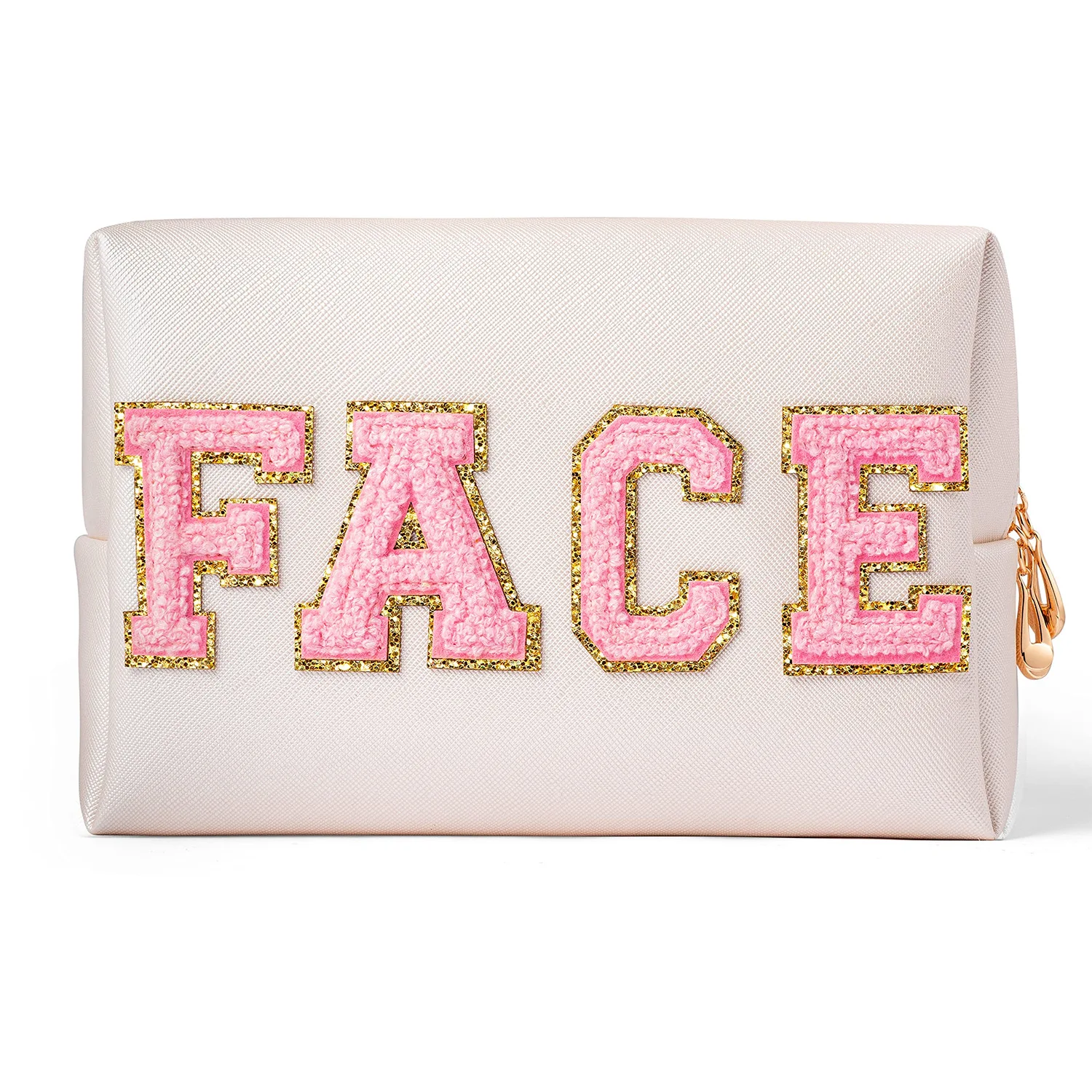 Cute Travel Chenille Varsity FACE Letter Makeup Bag Preppy Patch Cosmetic Pouch for Teens Girls Women Toiletry Storage Organizer