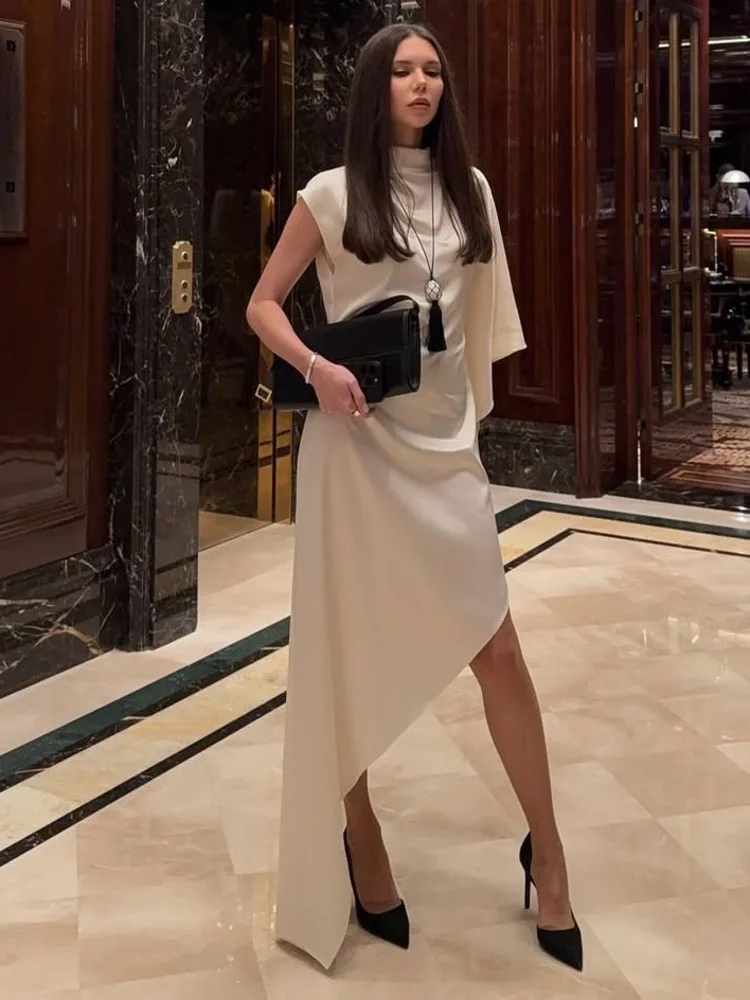 Articat エレガントな半袖サテンボディコン不規則なパーティークラブイブニングドレスの女性のファッションスリムラウンドネック無地ロングドレス