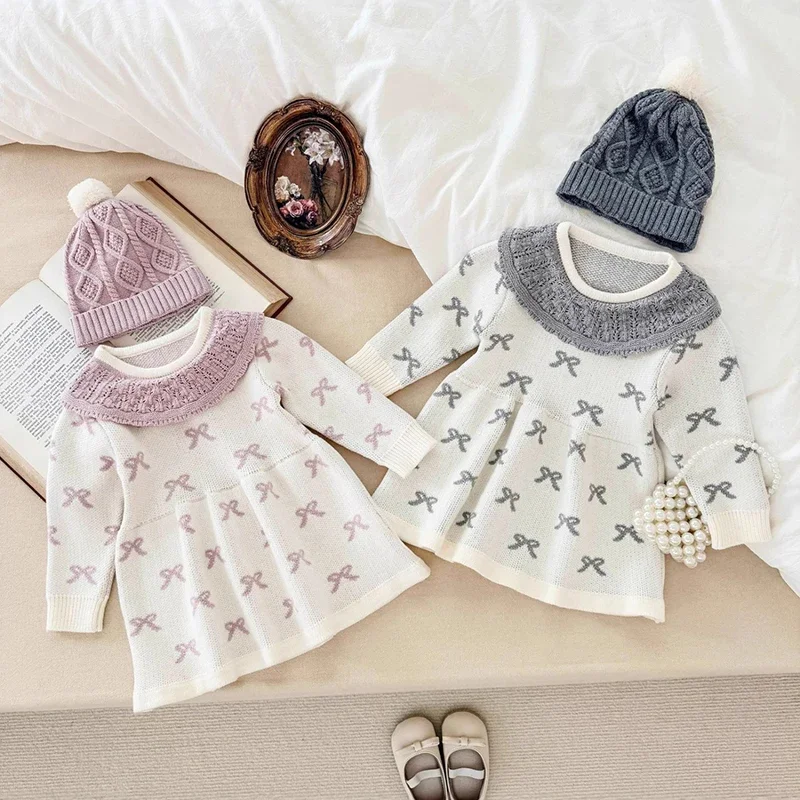 

Autumn Winter Kids Clothes Baby Girl Knit Princess Dress with Peter Pan Collar Bow Pattern 0-4Y Girls Birthday Party Dress