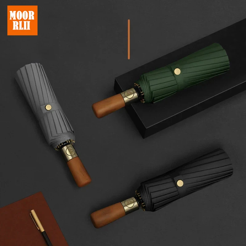

New 16 Ribs Full-Automatic Log Handle Umbrella For Men Large Three-Fold Women Sunshade Windproof Folding Umbrellas